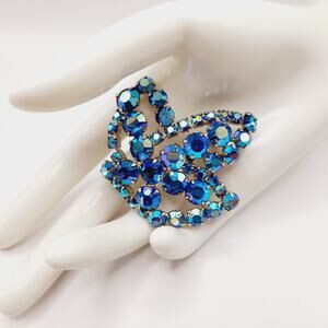 Vintage Blue Aurora Borealis Rhinestone Leaf Brooch, Openwork Rhodium Plated